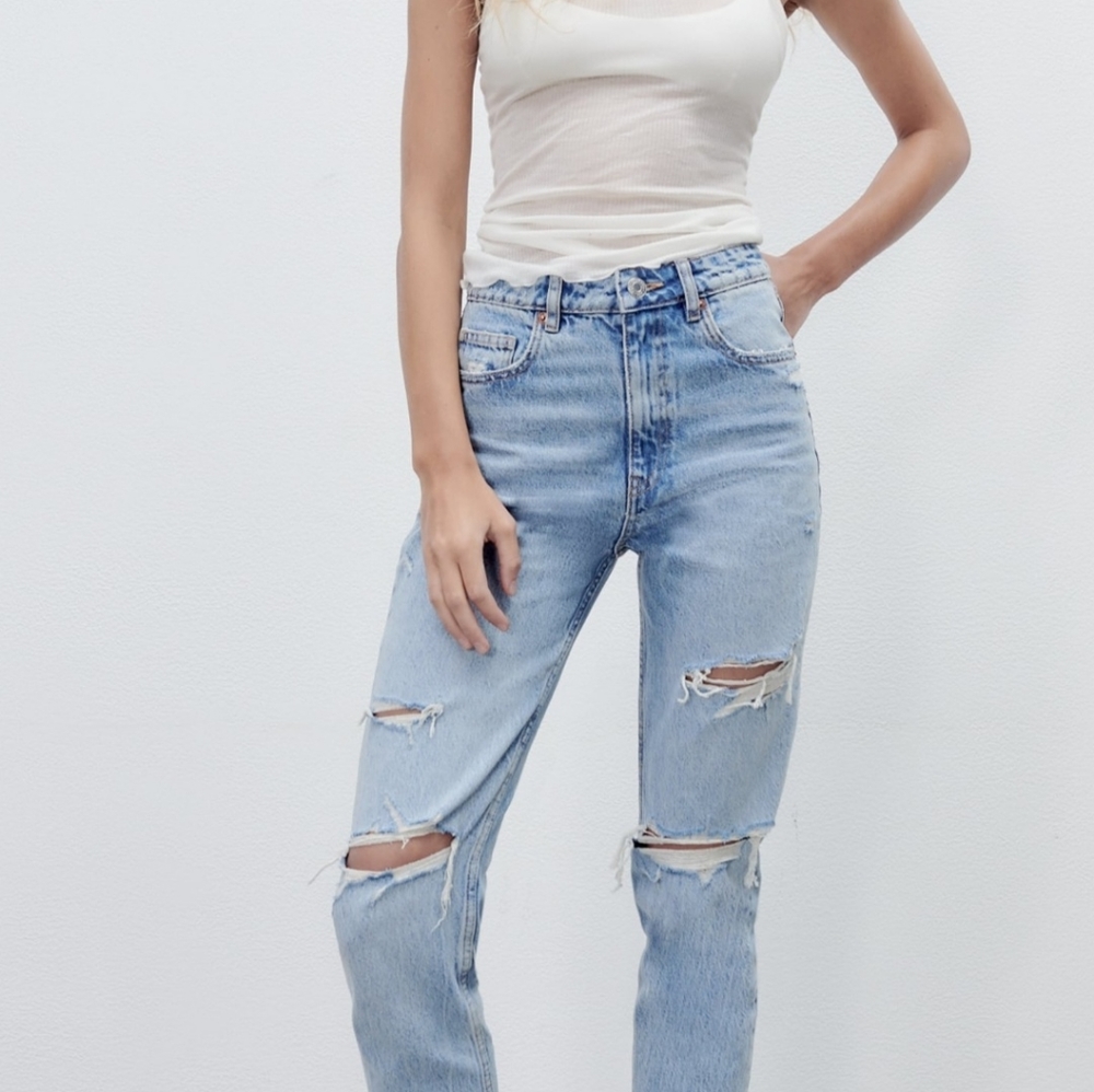 Zara Ripped High Waisted High Rise Mom Fit Straight Leg Jeans